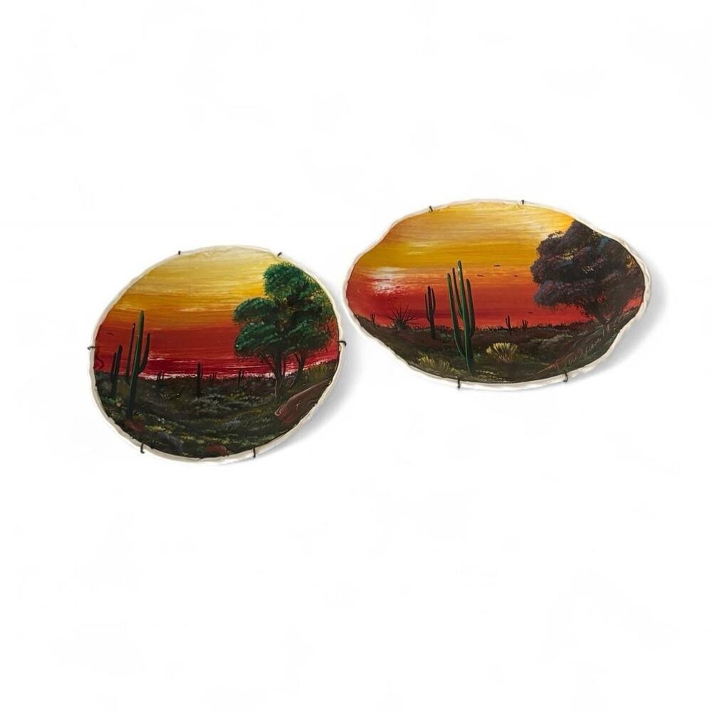 Vintage Hand Painted Southwestern Desert Landscape Plates Signed DW 1970